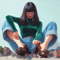 breasts drawing giantess mega black_hair high_heels buildings glasses asian street sitting pants sweater closed_eyes earrings belt ai_art