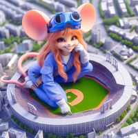 breasts giantess tail city mega blue_eyes mouse smiling gloves kneeling mouse_girl goggles orange_hair baseball_field mouse_ears whiskers zboczony gadget_hackwrench rescue_rangers ai_art