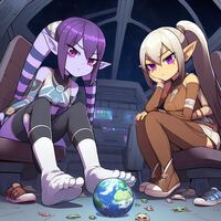 breasts giantess white_hair earth alien space toes barefoot shoes purple_eyes spaceship ponytail sitting giantesses pants tentacles purple_skin white_skin pointed_ears shrunken_planet orange_skin zboczony ai_art