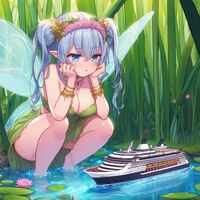 breasts wings cleavage bra skirt water cruise_ship shrunken_woman grass crouching grey_hair necklace wading bare_legs zboczony flower_in_hair ai_art