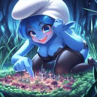 breasts blue_eyes cleavage blue_hair castle kneeling lingerie blue_skin village grass night shrunken_city hat smurf poking zboczony destrudtion ai_art fingger