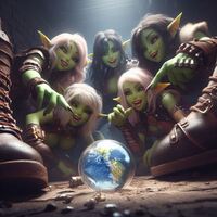 breasts white_hair earth black_hair cleavage boots leather earrings goblin green_skin shrunken_planet zboczony flask ai_art