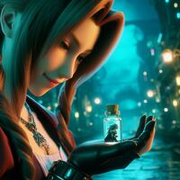 white_hair city handheld brunette final_fantasy final_fantasy_7 gloves aerith_gainsborough bottle shrunken_man trapped night braid necklace looking_at_tiny zboczony ai_art