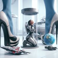 breasts earth alien armor high_heels brunette kneeling blue_skin shrunken_woman trapped jar indoors guns shrunken_planet mass_effect asari zboczony ai_art