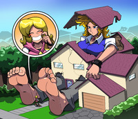 breasts drawing growth giantess mega blonde color blue_eyes barefoot cleavage buildings outgrowing_building embarrassed forest shirt closed_eyes necklace annoyed mostlyfunstuff cutaway