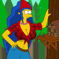 breasts drawing giantess mega color large_breasts long_hair cleavage blue_hair marge_simpson simpsons forest the_simpsons milf necklace belt hands_on_hips homer_simpson looking_at_tiny arias87 treehouse yellow_skin bare_midriff lumberjack paul_bunyan