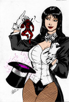 breasts drawing giantess black_hair color large_breasts crossover cleavage gloves fishnets shrunken_man corset jacket costume deadpool belt wand no_background top_hat zatanna dc_comics bowtie marvel_comics kenkira
