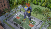 breasts giantess city mega large_breasts gloves park red_hair boots foot_crush robin mask batgirl costume cape belt hands_on_hips basketball_court digital_render dc_comics big-elsa nightwing red_hood