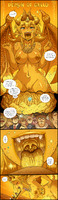 breasts drawing giantess karbo nude pussy vore horns tail wings mega blonde comic color tongue teeth glasses saliva green_eyes demon stomach hell scale open_mouth inside_view necklace earrings crowds dialogue hands_on_hips willing_vore gold mass_vore miniguy gems greed