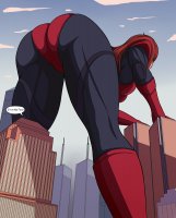 breasts drawing giantess city mega color long_hair butt buildings gloves red_hair boots skyscraper costume giant_girl dialogue behind_view bending_forward thick_thighs mary_jane spider-man marvel_comics earth_20052 ci0