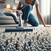 shrunken_men running shrunken_woman cruel pants dark_skin panic carpet indoors crouching living_room vacuum sofa lamp ai_art lordgts