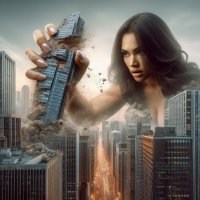 breasts giantess city mega long_hair destruction handheld rampage cleavage brunette hand skyscraper hand_crush ai_art lordgts