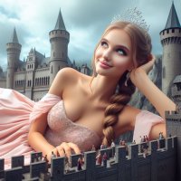 breasts giantess mega blonde blue_eyes cleavage princess castle smiling ponytail dress crown braid earrings tiara relaxing laying ai_art lordgts