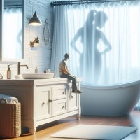 shower ponytail shrunken_man bathroom silhouette hands_on_hips ai_art lordgts