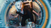 breasts giantess white_hair mega blue_eyes shoes ginormica short_hair scientist crouching monsters_vs_aliens jumpsuit hands_on_hips laboratory digital_render susan_murphy dreamworks js3ds