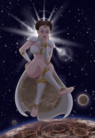 breasts drawing giantess giga space color large_breasts planet toes cleavage bra skirt brunette goddess brown_eyes moon short_hair sun coruscant star_wars jewelry earrings top halo stars hands_on_hips legs_crossed observing cosmic_giantess hair_buns bare_legs pondering sitting_on_planet bare_midriff padme_amidala padme empress ameliaafterdark