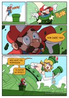 breasts drawing giantess blonde comic color destruction blue_eyes handheld mario angry gloves crown super_mario jumping earrings dialogue cap bowtie theaaronschmit pipette pipes