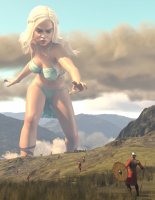 breasts giantess white_hair mega long_hair armor sword fantasy rampage cleavage skirt angry boots sandals looming queen reaching mountains clouds soldiers running_away fog spear shield helmet digital_render game_of_thrones daenerys_targaryen loincloth bare_legs bare_midriff gtssrg