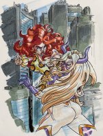 breasts drawing giantess horns city mega blonde color long_hair butt crossover bra skirt buildings green_eyes giganta gloves red_hair muscles fighting mask costume bracelet leopard_print dc_comics my_hero_academia bare_midriff mt._lady masamune7905