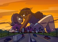 breasts drawing giantess city mega color destruction purple_hair brunette lying_down crawling shorts looming giantesses vehicles dark_skin road annoyed hairband twilight bare_legs megamaliit molly lia
