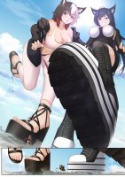 breasts drawing giantess giga tail city mega black_hair color long_hair destruction blue_eyes toes rampage cleavage high_heels red_eyes blue_hair brunette multiple_sizes boots giantesses jacket top platform_high_heel imminent_crush bare_legs dog_ears vexille hair_streak
