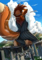 drawing female giantess furry tail anthro city mega color butt destruction clothed barefoot brunette brown_eyes colors dialogue looking_behind notbad621 leah pawpads plantigrade zakuratech maned_wolf digital_art