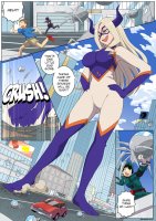 breasts drawing giantess horns city mega blonde comic color long_hair robot buildings purple_eyes street green_hair foot_crush mask vehicles costume belt dialogue hands_on_hips running_away cracked_pavement cracked_ground my_hero_academia dangerking11 mt._lady izuku_midoriya