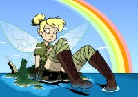 breasts drawing giantess wings mega blonde color water ocean wet fairy island boots sitting tinkerbell disney rainbow pointed_ears hair_bun drsgrowth neverland