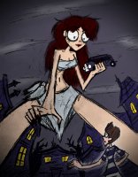 breasts drawing giantess city mega color handheld cleavage bra skirt red_hair parody vehicles goth night point_of_view top attack_of_the_50_foot_woman looking_at_tiny makeshift_clothing bare_midriff megamaliit