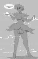 breasts drawing growth giantess giga city monochrome cleavage bra skirt high_heels short_hair clouds necklace earrings dialogue jungle_de_ikou mii_(jungle_de_ikou) bare_midriff sihagen