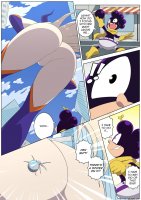 drawing giantess horns city mega blonde comic color long_hair butt robot buildings gloves street boots mask thighs costume dialogue scarf my_hero_academia minoru_mineta dangerking11 mt._lady