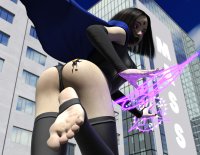 breasts giantess city mega black_hair butt barefoot buildings butt_crush purple_eyes raven teen_titans red_hair shrunken_woman batgirl magic thighs costume cape belt leotard looking_behind digital_render dc_comics grey_skin anttiergod