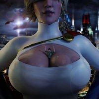 breasts city blonde large_breasts cleavage helicopter gloves shrunken_man night freckles cape power_girl digital_render dc_comics jimmy144 between_breasts