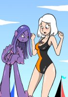 breasts drawing giantess white_hair blushing mega color swimsuit cleavage ocean angry embarrassed ginormica short_hair giantesses boats tentacles clouds thighs monsters_vs_aliens purple_skin arms_crossed on_breasts arms_folded bare_legs susan_murphy dreamworks kraken webbed_fingers drsgrowth between_breasts ruby_gillman