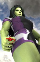 breasts giantess handheld green_eyes green_hair shrunken_man thighs costume point_of_view green_skin digital_render she-hulk bare_legs marvel_comics daredevil revan67