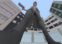 breasts white_hair city gun buildings climbing boots shrunken_man jacket costume point_of_view on_foot belt looking_at_tiny digital_render spider-man marvel_comics silver_sable revan67