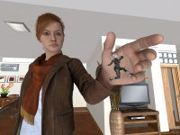 breasts white_hair blue_eyes handheld red_hair ponytail reaching shrunken_woman indoors jacket costume tv reporter scarf digital_render mary_jane black_cat spider-man marvel_comics felicia_hardy revan67