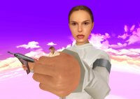 breasts giantess handheld gun brunette brown_eyes short_hair star_wars shrunken_man looking_at_tiny digital_render padme_amidala padme jedi obi_wan_kenobi revan67