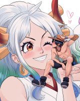 drawing giantess white_hair blushing horns black_hair color blue_hair shoes brown_eyes unknown_artist kissing shorts shrunken_man hat necklace earrings belt source_needed no_background looking_at_tiny bare_legs