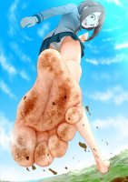 breasts drawing giantess panties giga upskirt color butt toes barefoot skirt brunette brown_eyes unknown_artist foot_crush uniform foot_print mountains looking_at_viewer source_needed my_hero_academia ochaco_uraraka ochako_uraraka