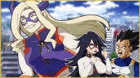 breasts drawing giantess horns city mega blonde black_hair color crossover handheld unknown_artist dragon_ball parody mask goku costume source_needed vegeta my_hero_academia midnight mt._lady