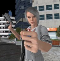 white_hair city blue_eyes handheld gun buildings smiling red_hair shrunken_woman shrunken_man night jacket costume belt digital_render mary_jane spider-man marvel_comics looking_at_tinies silver_sable revan67
