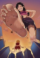 breasts drawing giantess giga city mega blonde black_hair color butt toes barefoot rampage purple_eyes sweat multiple_sizes smiling mandy shorts airplane giantesses clover point_of_view totally_spies top belt ripped_clothing hands_on_hips imminent_crush debris karnalface