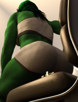 giantess city butt green_hair sitting muscles short chair thighs shrunken_city top behind_view imminent_butt_crush green_skin digital_render she-hulk marvel_comics bakedalaskabigs