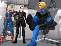breasts blonde blue_eyes gloves red_hair boots sitting shrunken_man avengers chair thighs indoors fantastic_four belt jumpsuit hands_on_hips legs_crossed captain_america black_widow digital_render invisible_woman marvel_comics captain_marvel carol_danvers susan_storm revan67 hanging_from_shoes
