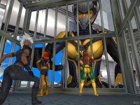 breasts white_hair butt brunette pet gloves red_hair boots storm shrunken_woman cage pants dark_skin mohawk jacket costume pets belt phoenix x-men helmet digital_render jean_grey marvel_comics the_wasp looking_at_tinies rogue_(x-men) revan67
