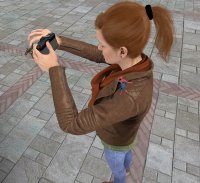 jeans red_hair ponytail shrunken_men camera shrunken_man dangle jacket costume earrings reporter zipper on_shoulder scarf pinched looking_at_tiny digital_render mary_jane spider-man marvel_comics shocker revan67