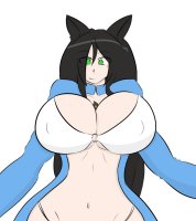 breasts drawing giantess small_man mega black_hair color large_breasts bra green_eyes cat_ears brunette cartoon cat_girl unkown_artist source_needed no_background looking_at_tiny between_breasts