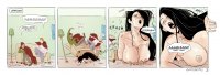 breasts drawing growth giantess nude comic aroused black_hair color large_breasts destruction cleavage glasses sweat goth closed_eyes sofa dialogue hood outgrowing_room cult glassrims