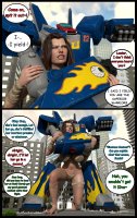breasts giantess city mega alien comic black_hair large_breasts robot barefoot cleavage bra buildings brunette warrior fighting tribal dialogue cracked_ground digital_render loincloth anttiergod cartoon_network megas_xlr